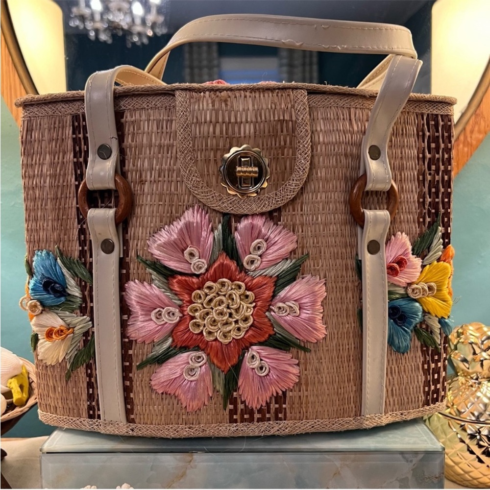 🌼 Original Whidby Vintage Cottagecore Straw 3D Floral Flowered Embroidered Bag